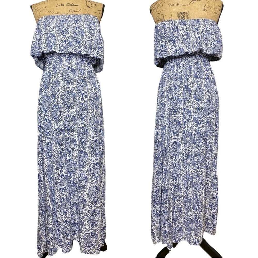 🆕 YIDARTON Strapless Maxi Dress Blue White Floral Ruffle Top Floral Size L - Picture 3 of 10